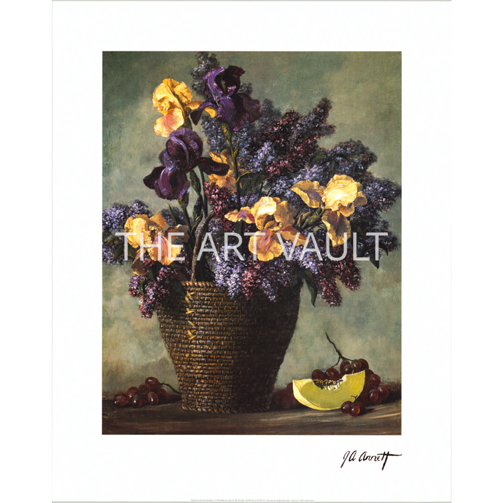 Joe Arnett Lilacs & Irises in a Basket with Fruit on Table 24x30